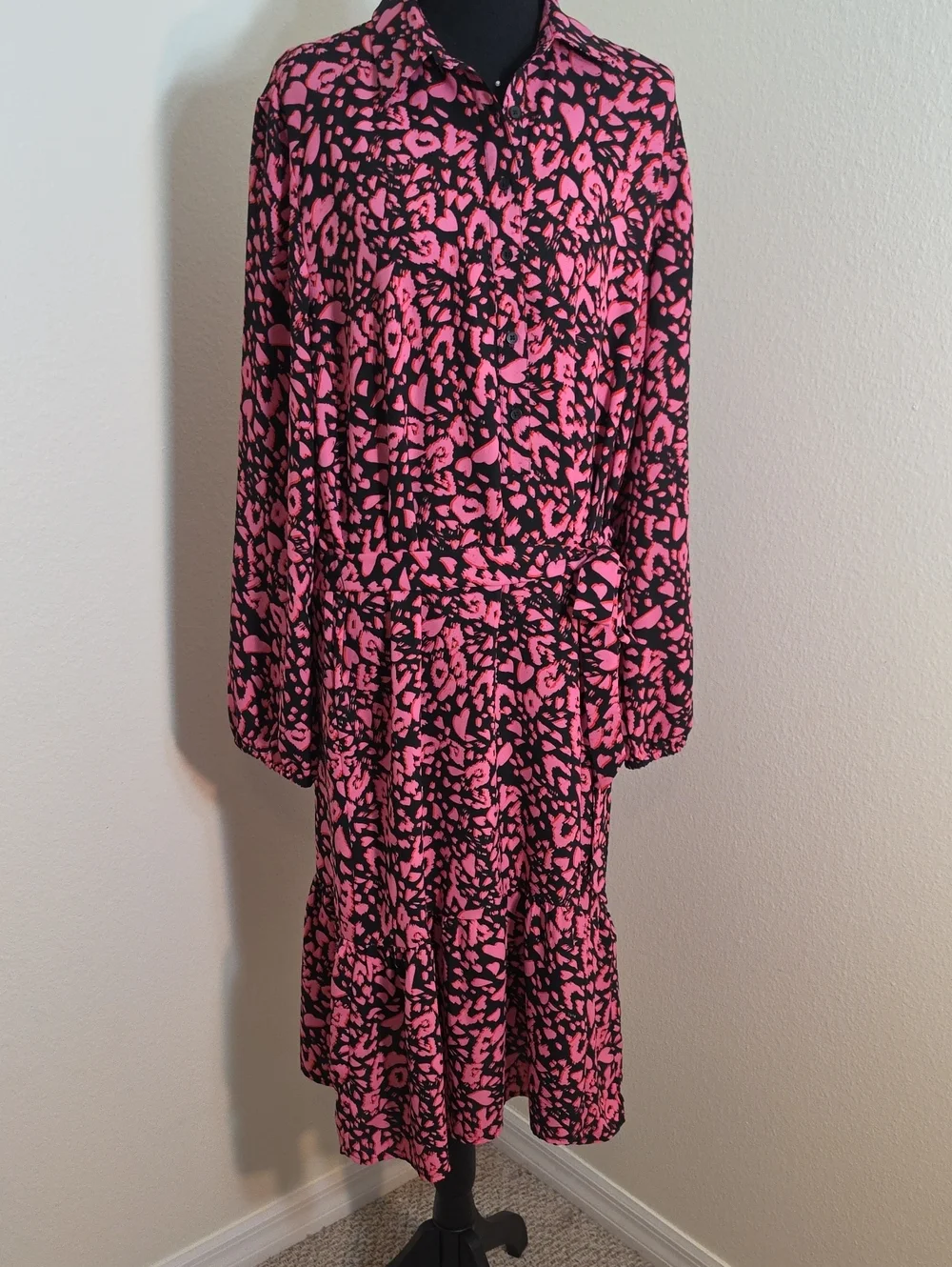 LOFT Black and Hot Pink Printed Midi Shirt Dress Skirt